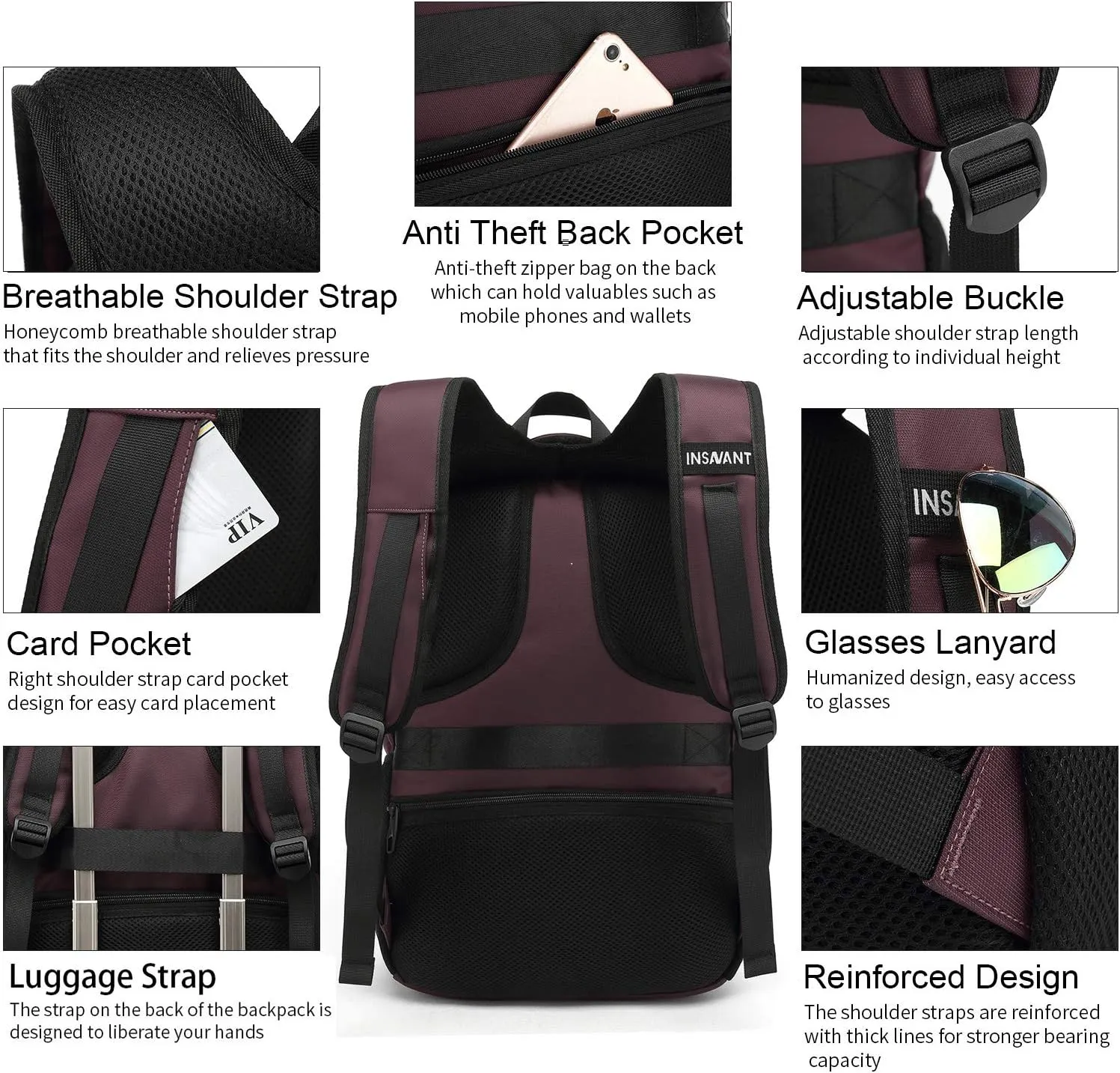 INSAVANT Laptop Backpack 15.6 Inch Water Resistant Backpacks Durable College Travel Daypack Anti Theft with USB Charging Port Best Gift for Men Women (15.6 Inch, Purple)