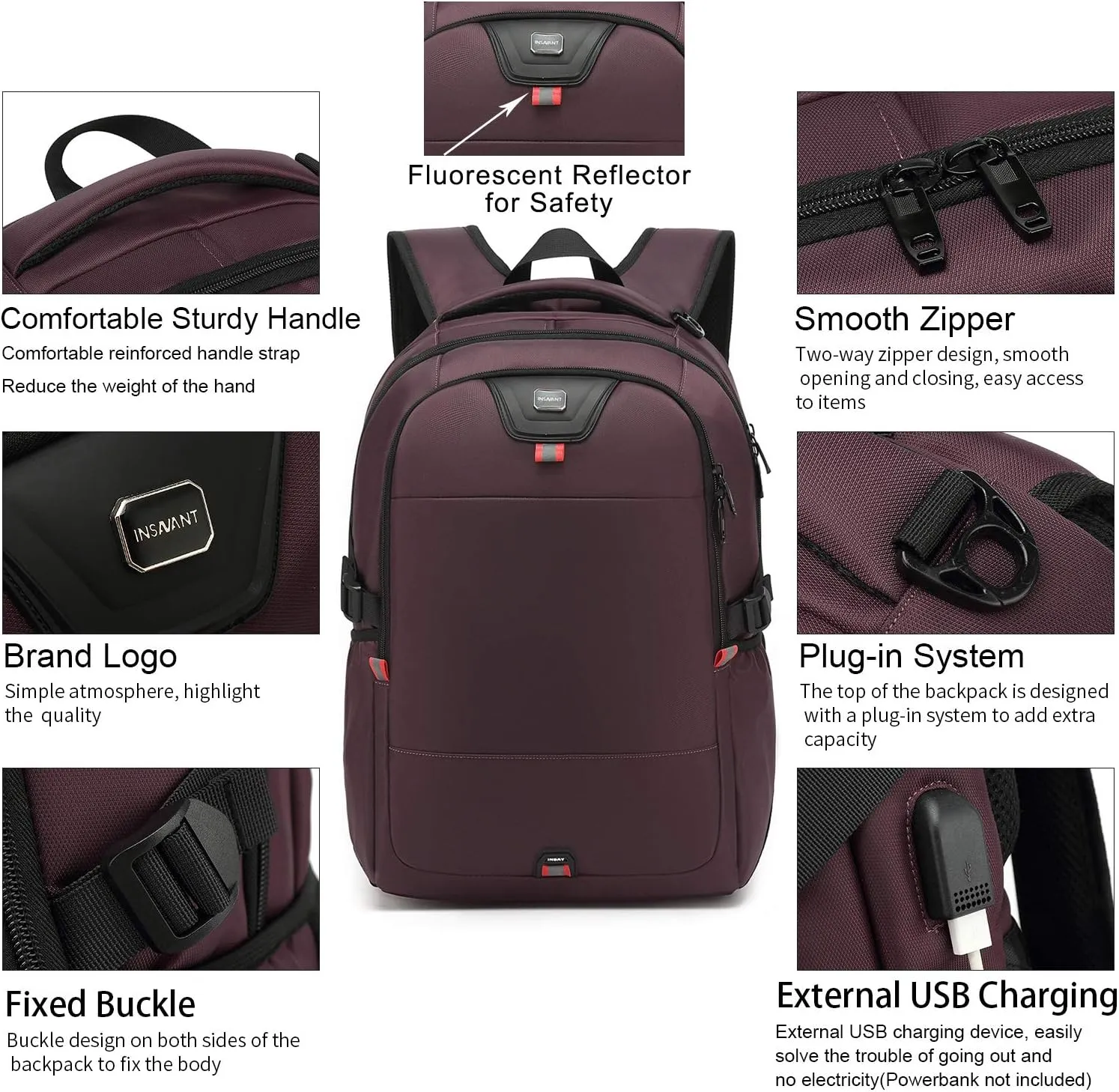 INSAVANT Laptop Backpack 15.6 Inch Water Resistant Backpacks Durable College Travel Daypack Anti Theft with USB Charging Port Best Gift for Men Women (15.6 Inch, Purple)