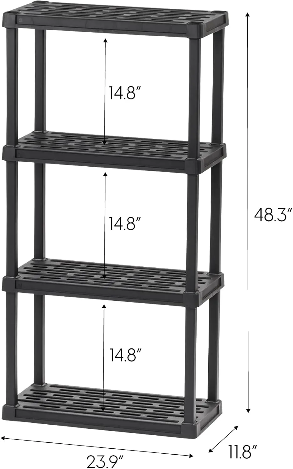 IRIS USA 4-Shelf Heavy Duty Plastic Storage Shelves, 160lb Capacity, 48"H x 24"W x 12"D, Medium Modular Shelving Unit Storage Organizer for Garage, Home, Bathroom & Laundry, Storage Rack - Black