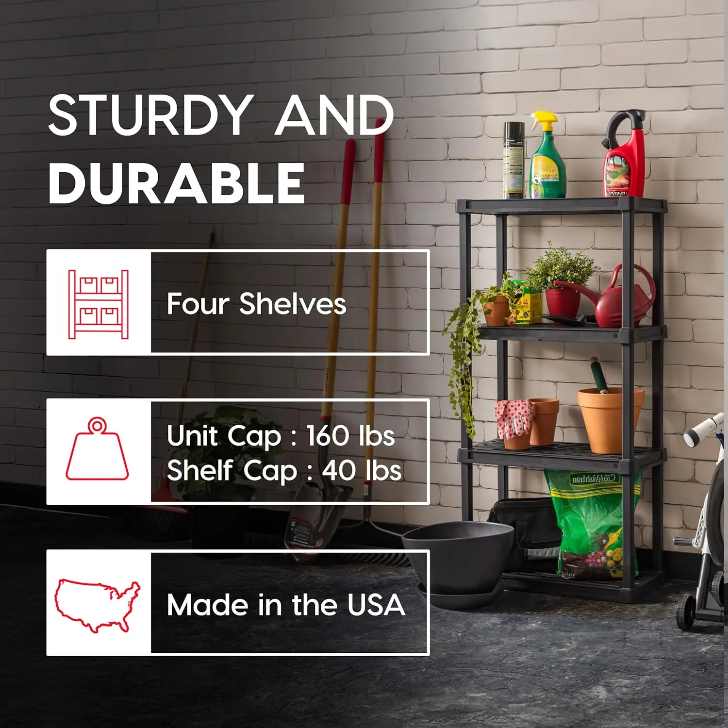 IRIS USA 4-Shelf Heavy Duty Plastic Storage Shelves, 160lb Capacity, 48"H x 24"W x 12"D, Medium Modular Shelving Unit Storage Organizer for Garage, Home, Bathroom & Laundry, Storage Rack - Black