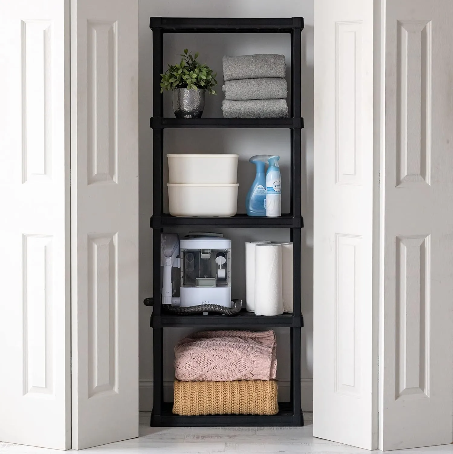 IRIS USA 5-Shelf Heavy Duty Plastic Storage Shelves, 200lb Capacity, 64"H x 24"W x 12"D, Medium Modular Shelving Unit Storage Organizer for Garage, Home, Bathroom & Laundry, Storage Rack - Black