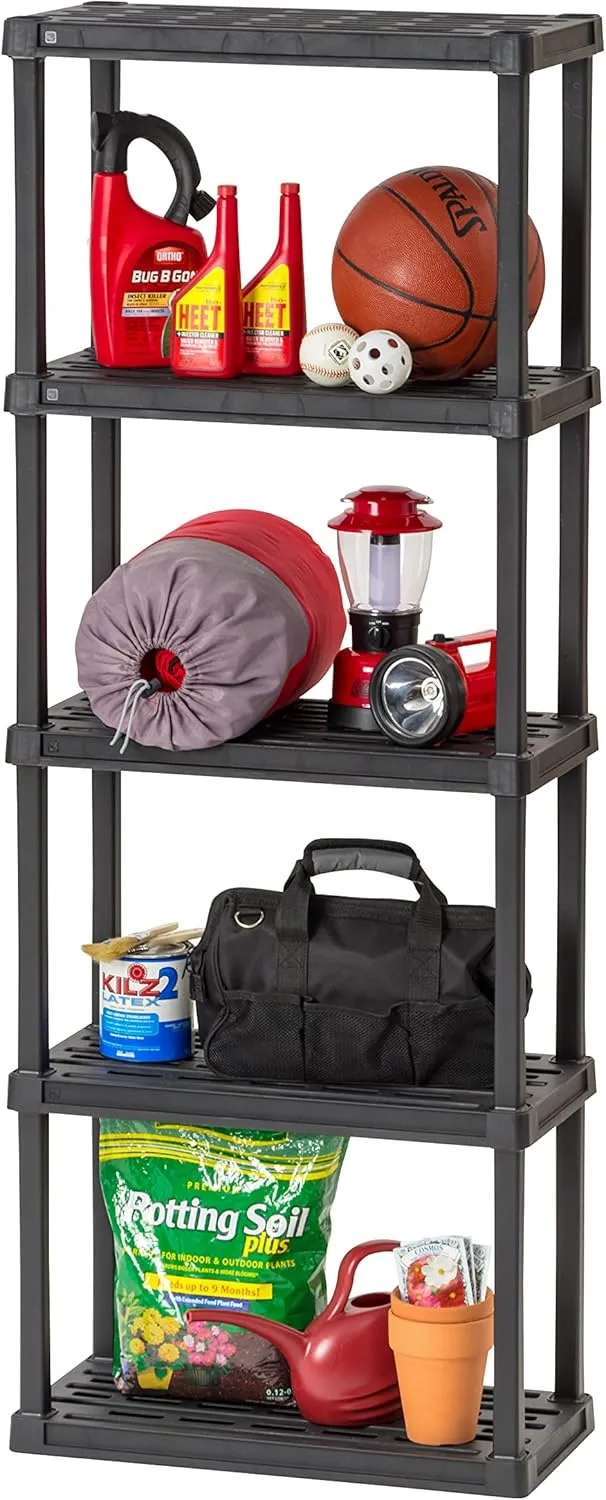 IRIS USA 5-Shelf Heavy Duty Plastic Storage Shelves, 200lb Capacity, 64"H x 24"W x 12"D, Medium Modular Shelving Unit Storage Organizer for Garage, Home, Bathroom & Laundry, Storage Rack - Black