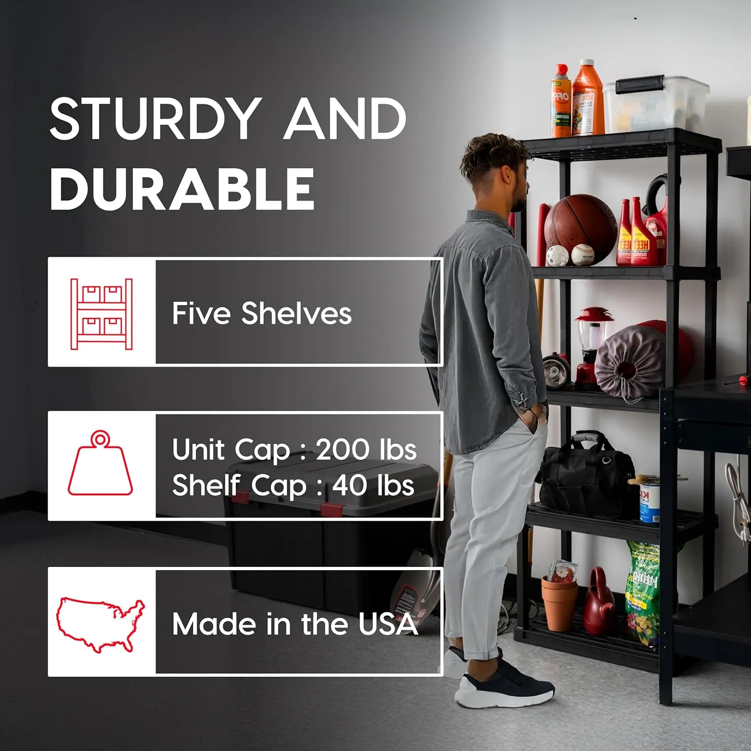 IRIS USA 5-Shelf Heavy Duty Plastic Storage Shelves, 200lb Capacity, 64"H x 24"W x 12"D, Medium Modular Shelving Unit Storage Organizer for Garage, Home, Bathroom & Laundry, Storage Rack - Black