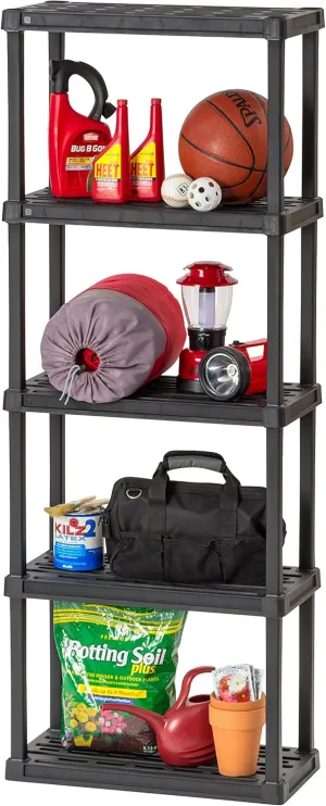 IRIS USA 5-Shelf Heavy Duty Plastic Storage Shelves, 200lb Capacity, 64"H x 24"W x 12"D, Medium Modular Shelving Unit Storage Organizer for Garage, Home, Bathroom & Laundry, Storage Rack - Black