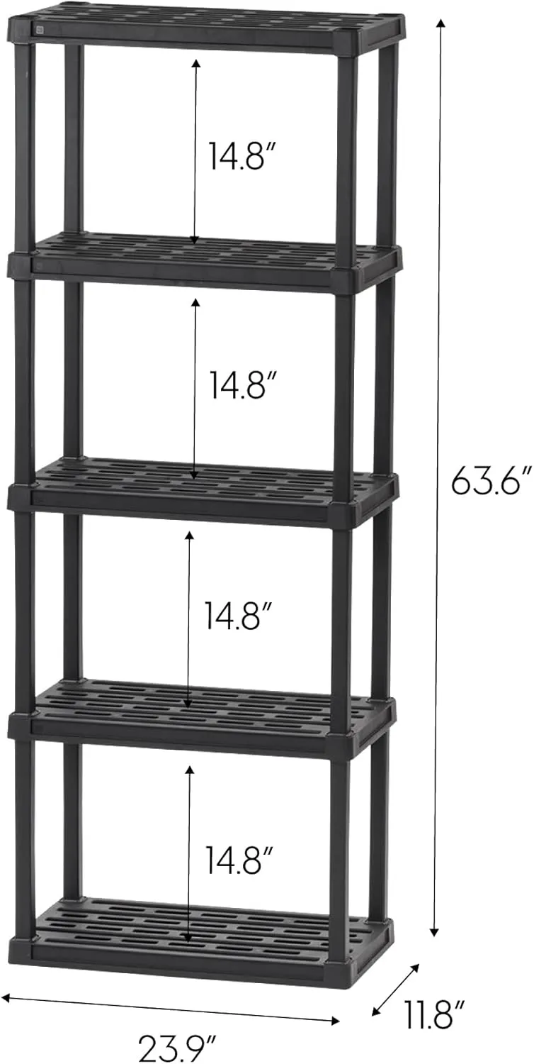 IRIS USA 5-Shelf Heavy Duty Plastic Storage Shelves, 200lb Capacity, 64"H x 24"W x 12"D, Medium Modular Shelving Unit Storage Organizer for Garage, Home, Bathroom & Laundry, Storage Rack - Black