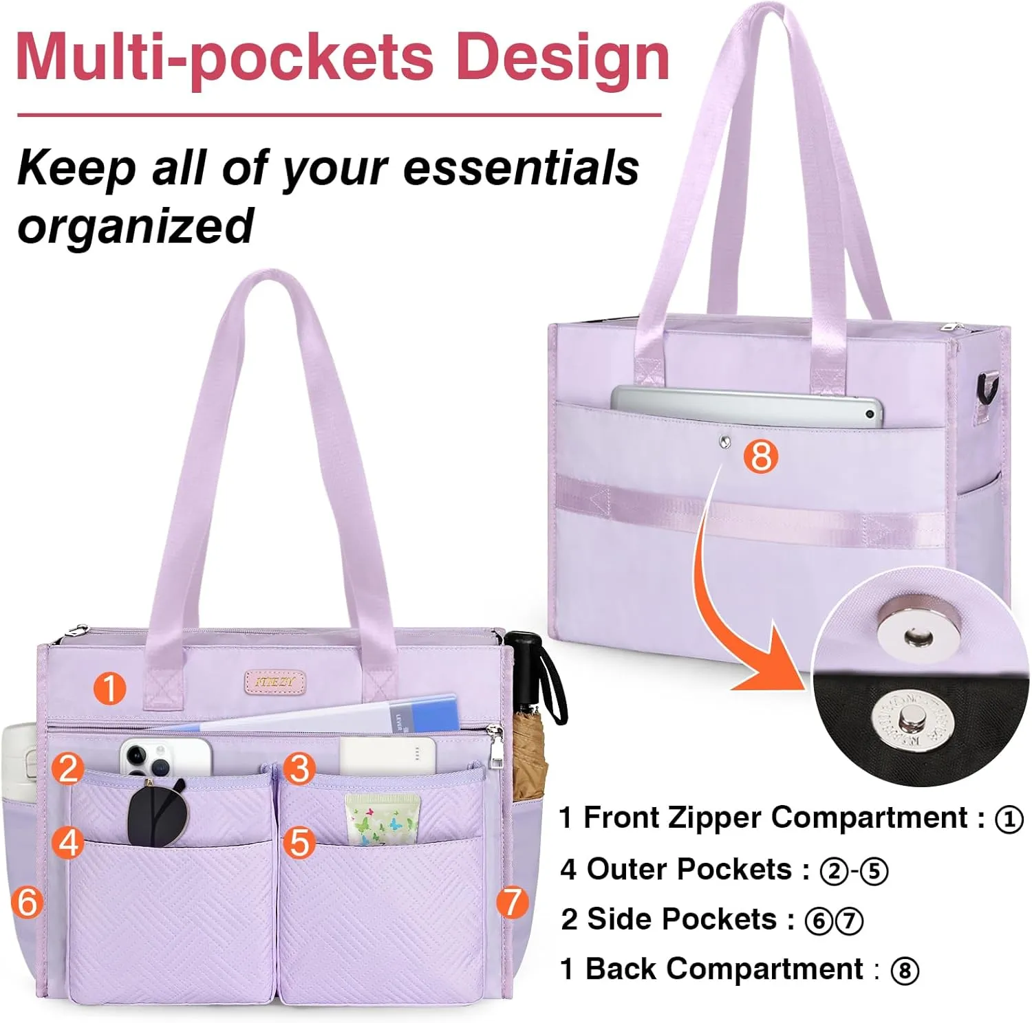 ITIEZY Utility Tote Bag for Women with 15/18 Pockets - Large Teacher Tote Bag with Zipper Compartment Nurse Bags for Work