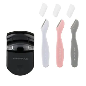 JAPONESQUE Travel Set - 3 Mini Touch Up Razors - Travel Size Dermaplaning Tool Set   Portable Plastic Eyelash Curling Tool
