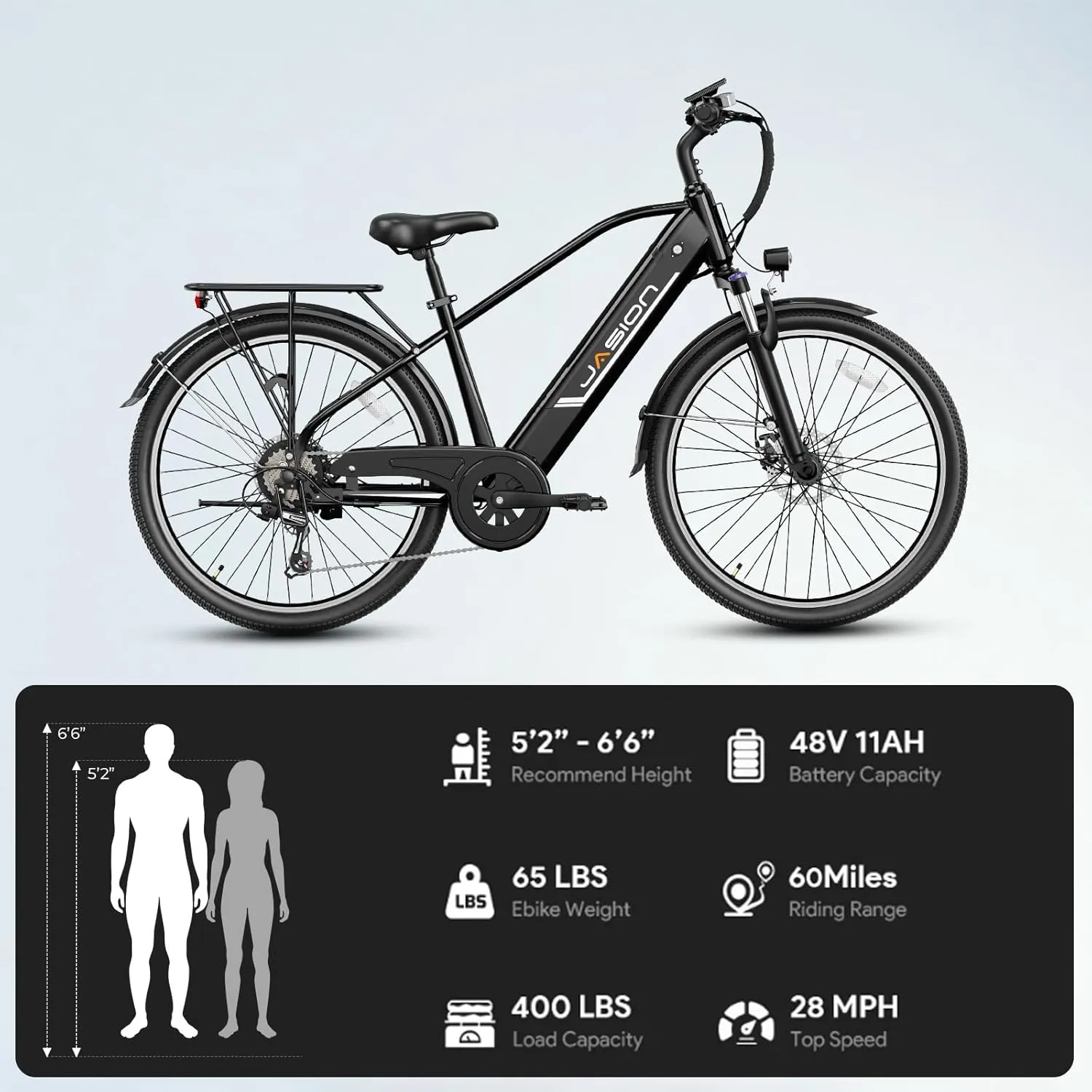 Jasion Roamer Electric Bike for Adults 1200W Peak Motor 528WH Removable Battery,up to 60miles 28MPH City Cruiser Ebike,26'' Commuter E Bike, 7-Speed Gears and Front Suspension Bicycles