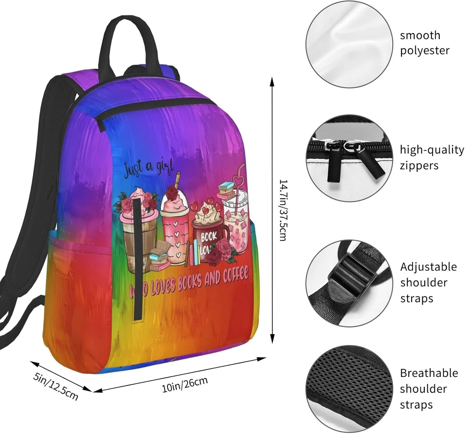 Just A Women Who Loves Books And Coffee Travel Laptop Backpack Casual Backpacks Double Shoulder Daypack Notebook Rucksack Work Bags Sports Bag for Gym Hiking Camping Beach