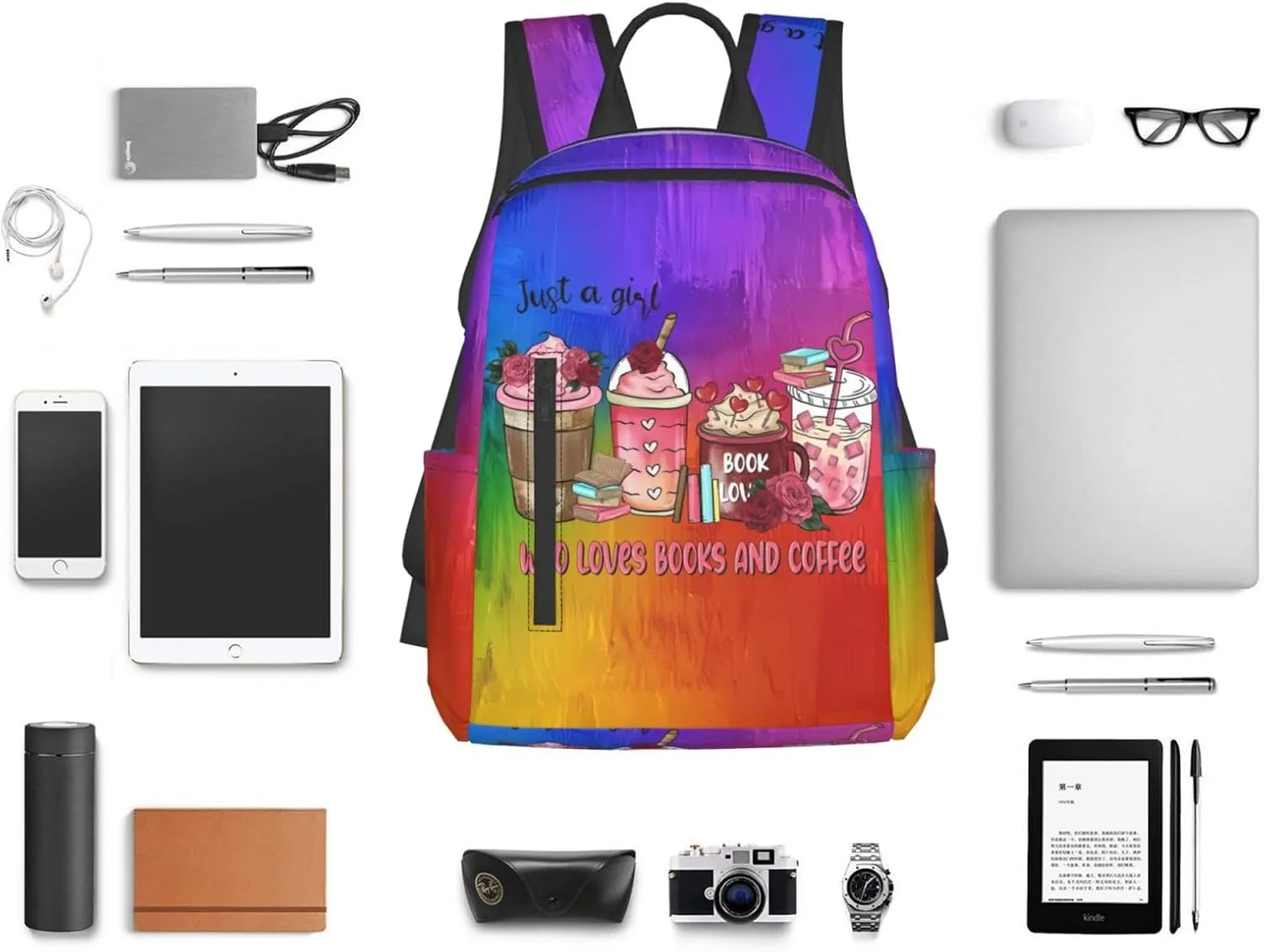 Just A Women Who Loves Books And Coffee Travel Laptop Backpack Casual Backpacks Double Shoulder Daypack Notebook Rucksack Work Bags Sports Bag for Gym Hiking Camping Beach