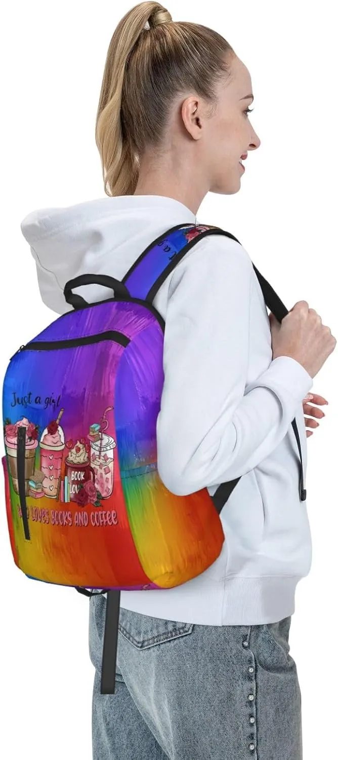 Just A Women Who Loves Books And Coffee Travel Laptop Backpack Casual Backpacks Double Shoulder Daypack Notebook Rucksack Work Bags Sports Bag for Gym Hiking Camping Beach
