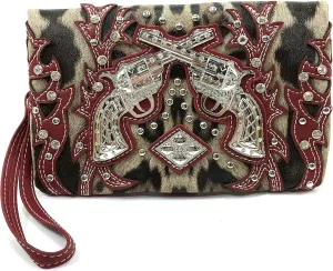 Justin West Double Pistol Gun Leopard Cross Body Messenger Purse Wristlet Clutch Handbag