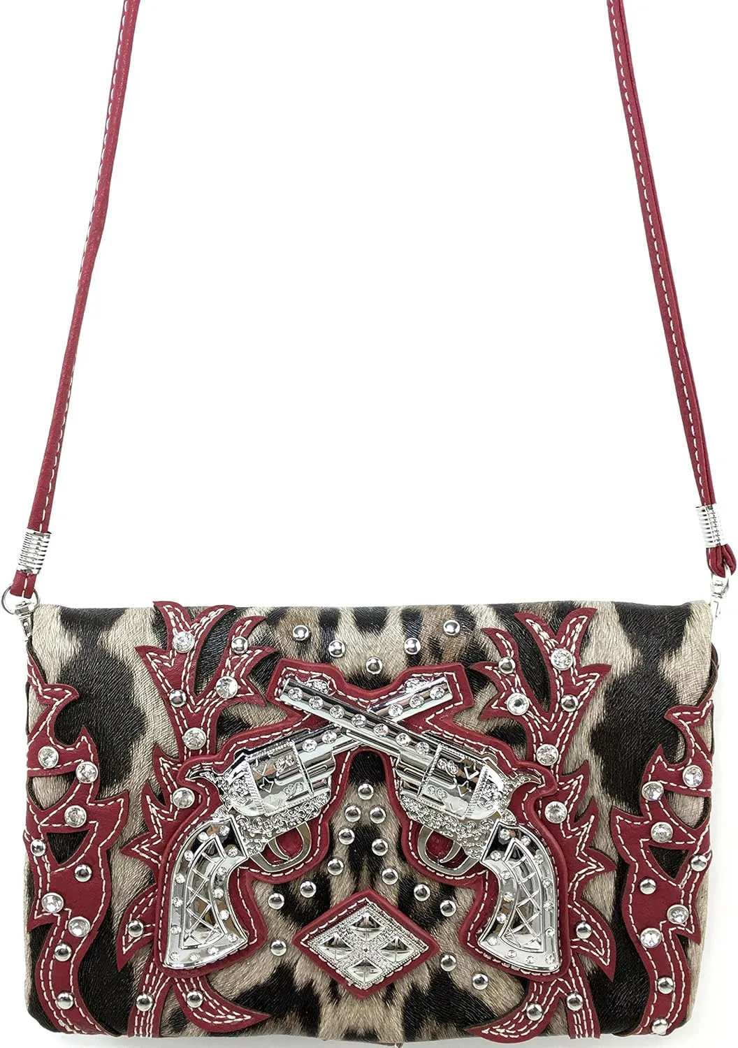 Justin West Double Pistol Gun Leopard Cross Body Messenger Purse Wristlet Clutch Handbag