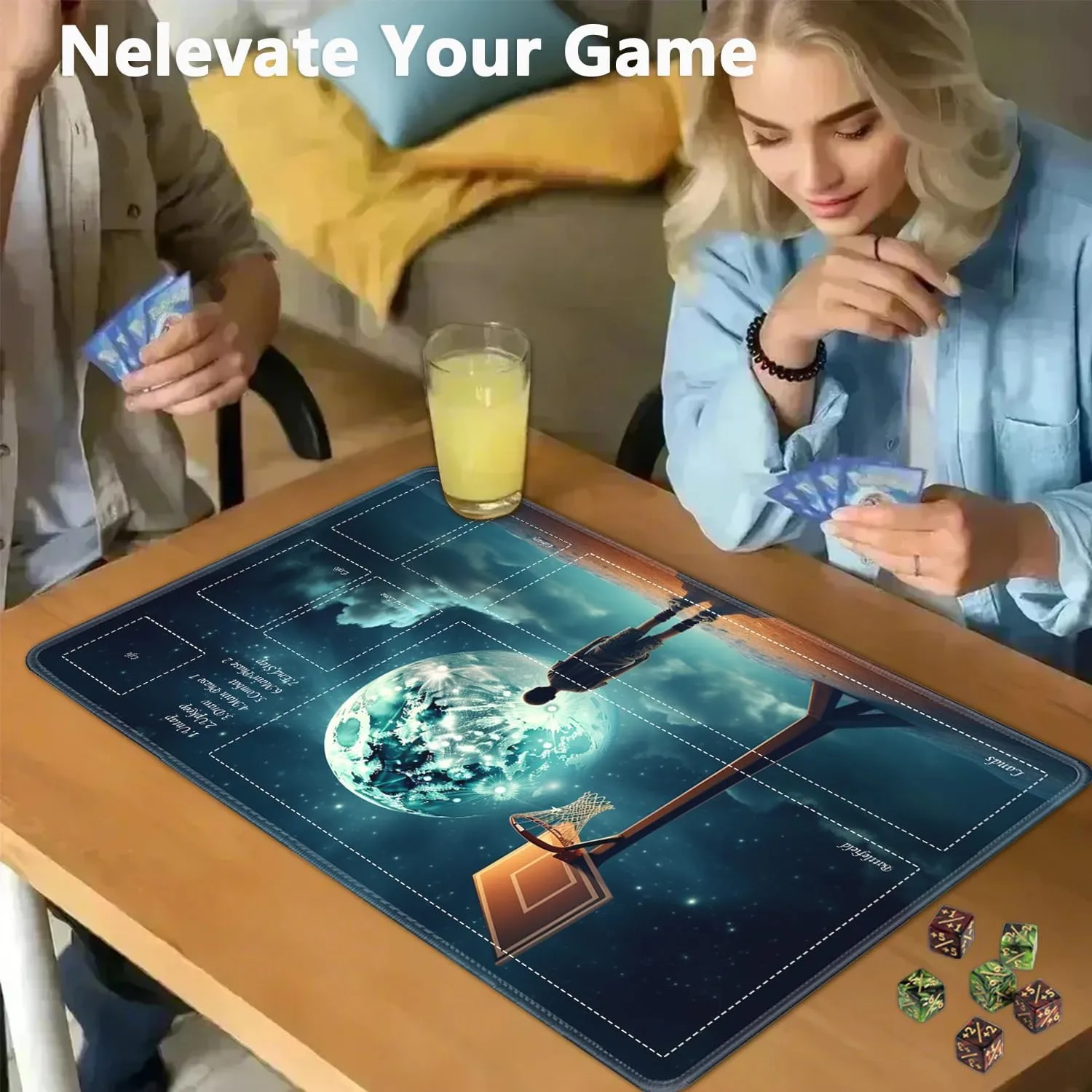 JVGFYNKL for TCG Playmat, Playmat with Zones, 24x14 in Non-Slip Rubber for MTG Playmat with Drawstring Travel Pouch and 6 Dice, Earth Basketball for MTG Mat, Card Game Playmats