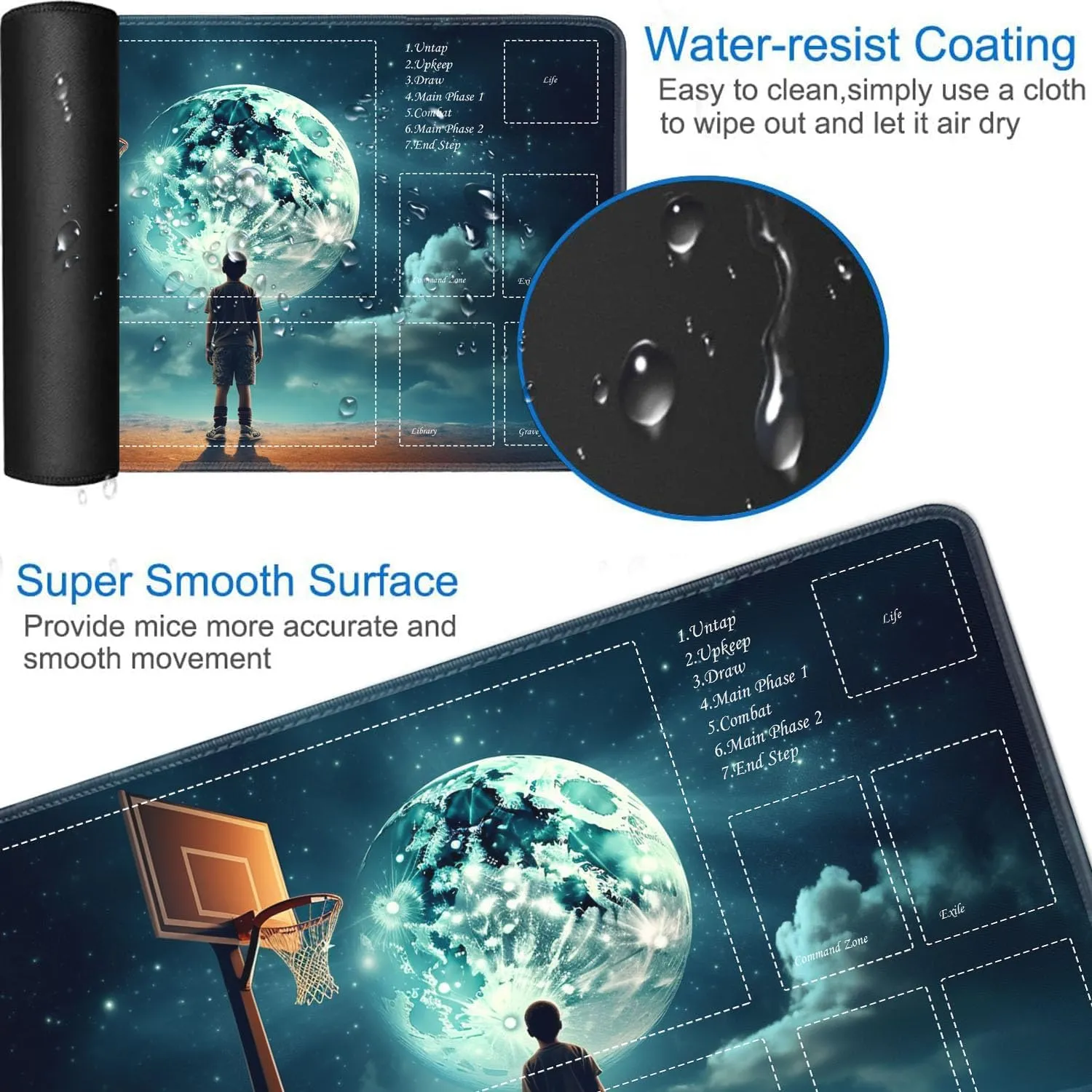 JVGFYNKL for TCG Playmat, Playmat with Zones, 24x14 in Non-Slip Rubber for MTG Playmat with Drawstring Travel Pouch and 6 Dice, Earth Basketball for MTG Mat, Card Game Playmats