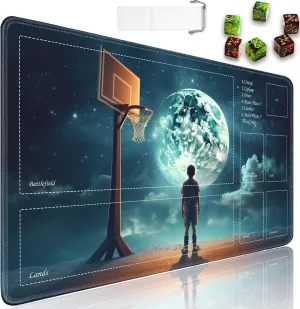 JVGFYNKL for TCG Playmat, Playmat with Zones, 24x14 in Non-Slip Rubber for MTG Playmat with Drawstring Travel Pouch and 6 Dice, Earth Basketball for MTG Mat, Card Game Playmats