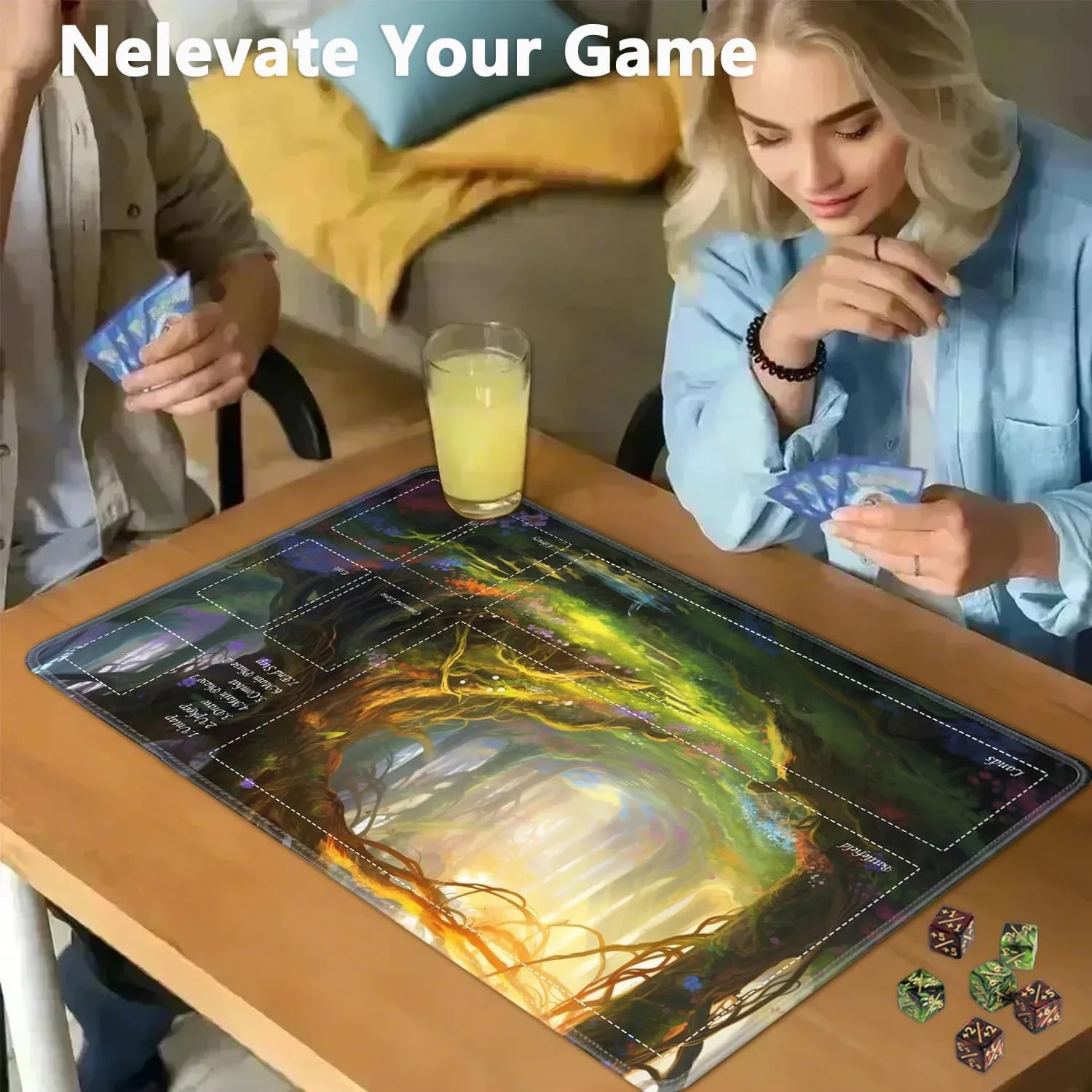 JVGFYNKL for TCG Playmat, Playmat with Zones, 24x14 in Non-Slip Rubber for MTG Playmat with Drawstring Travel Pouch and 6 Dice, Enchanted Forest for MTG Mat, Card Game Playmats