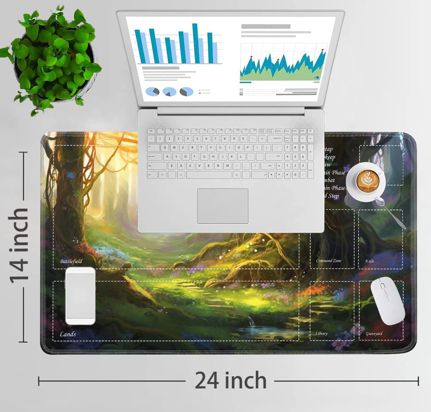JVGFYNKL for TCG Playmat, Playmat with Zones, 24x14 in Non-Slip Rubber for MTG Playmat with Drawstring Travel Pouch and 6 Dice, Enchanted Forest for MTG Mat, Card Game Playmats