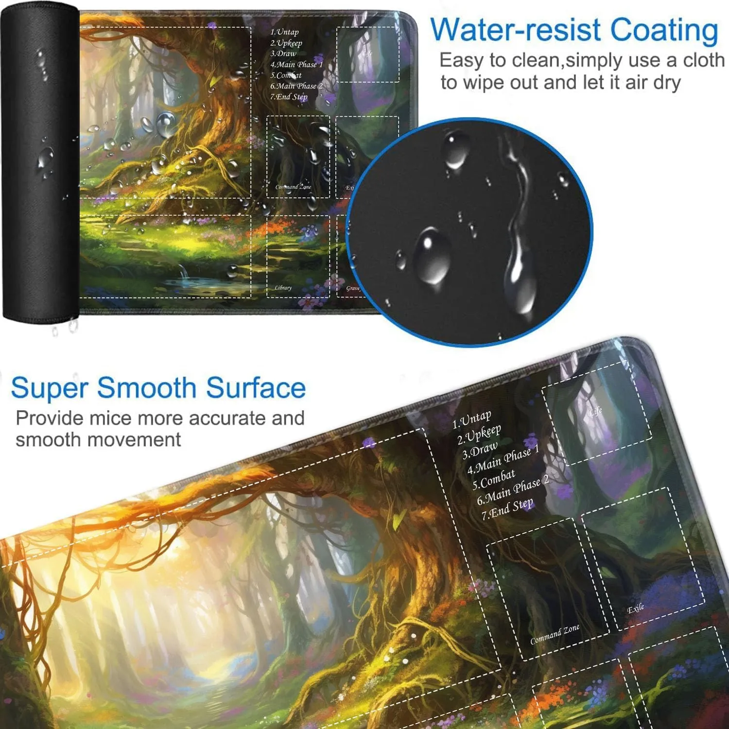 JVGFYNKL for TCG Playmat, Playmat with Zones, 24x14 in Non-Slip Rubber for MTG Playmat with Drawstring Travel Pouch and 6 Dice, Enchanted Forest for MTG Mat, Card Game Playmats
