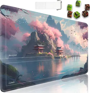 JVGFYNKL for TCG Playmat, Playmat with Zones, 24x14 in Non-Slip Rubber for MTG Playmat with Drawstring Travel Pouch and 6 Dice, Sakura Loft View for MTG Mat, Card Game Playmats