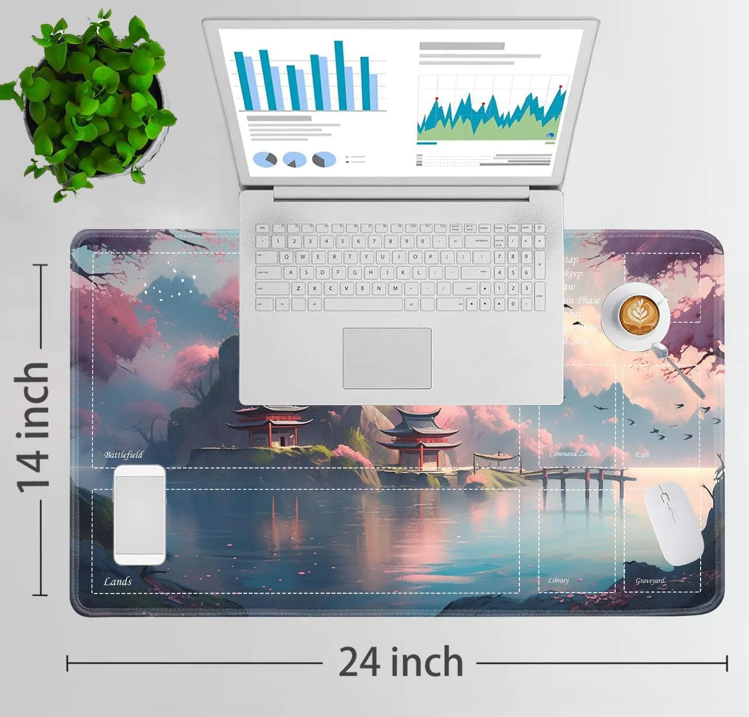 JVGFYNKL for TCG Playmat, Playmat with Zones, 24x14 in Non-Slip Rubber for MTG Playmat with Drawstring Travel Pouch and 6 Dice, Sakura Loft View for MTG Mat, Card Game Playmats