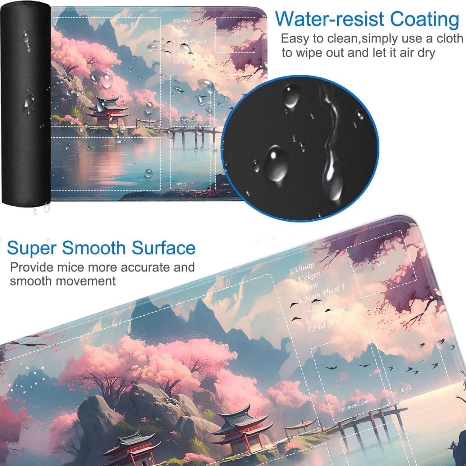 JVGFYNKL for TCG Playmat, Playmat with Zones, 24x14 in Non-Slip Rubber for MTG Playmat with Drawstring Travel Pouch and 6 Dice, Sakura Loft View for MTG Mat, Card Game Playmats