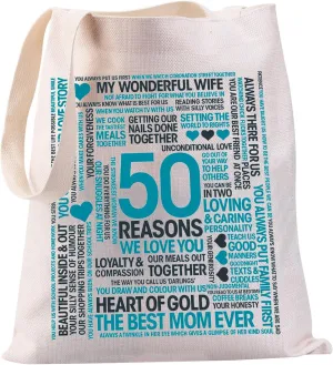 JYTAPP 50 Reasons We Love You Tote Bags 50th for Mom Birthday Gift For Wife You Always Put Family First Gift