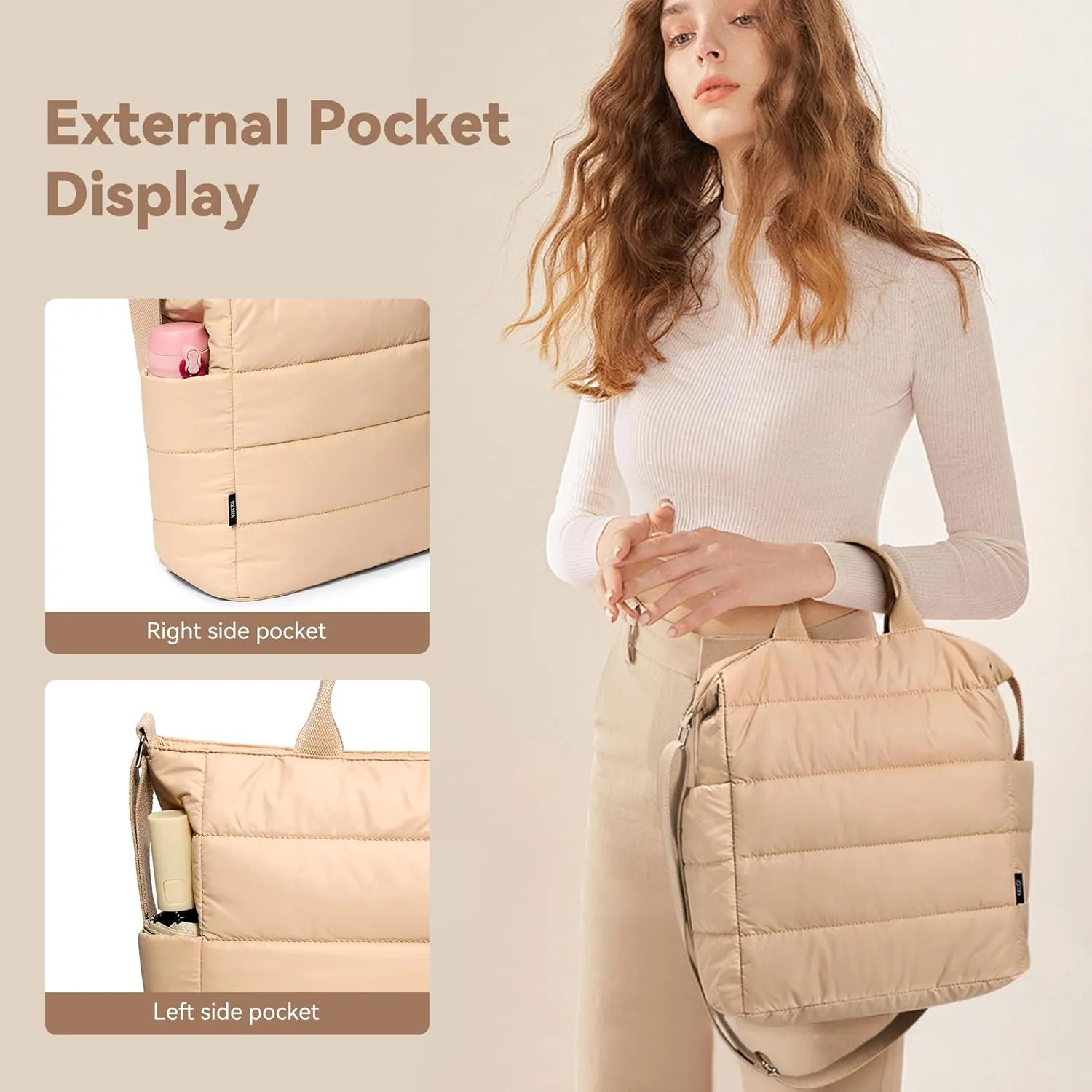 KALIDI Quilted Tote Bag, Puffer Hobo Laptop Bag Anti Splash Crossbody Zipper Shoulder Bag Large Casual Work Daily Women