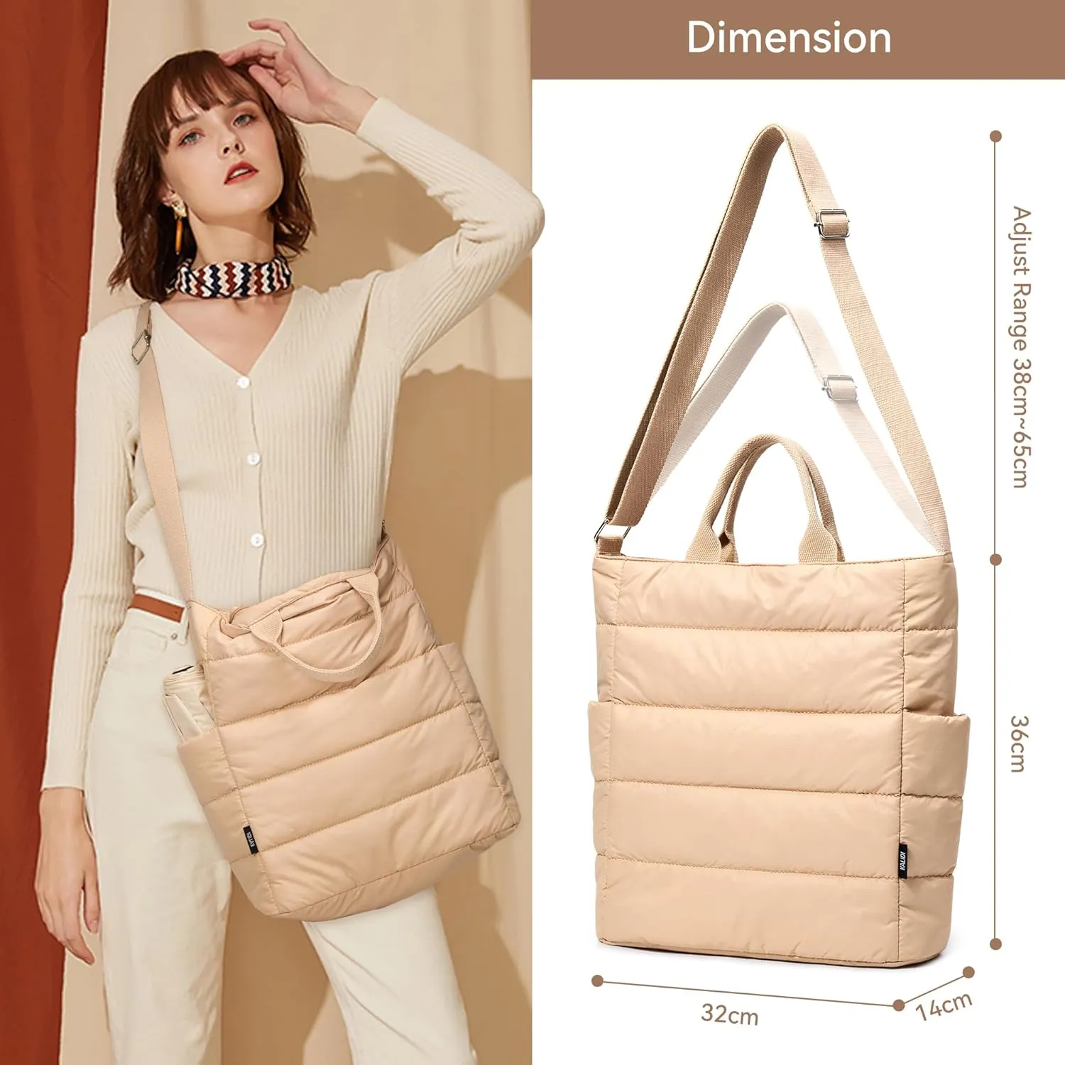 KALIDI Quilted Tote Bag, Puffer Hobo Laptop Bag Anti Splash Crossbody Zipper Shoulder Bag Large Casual Work Daily Women