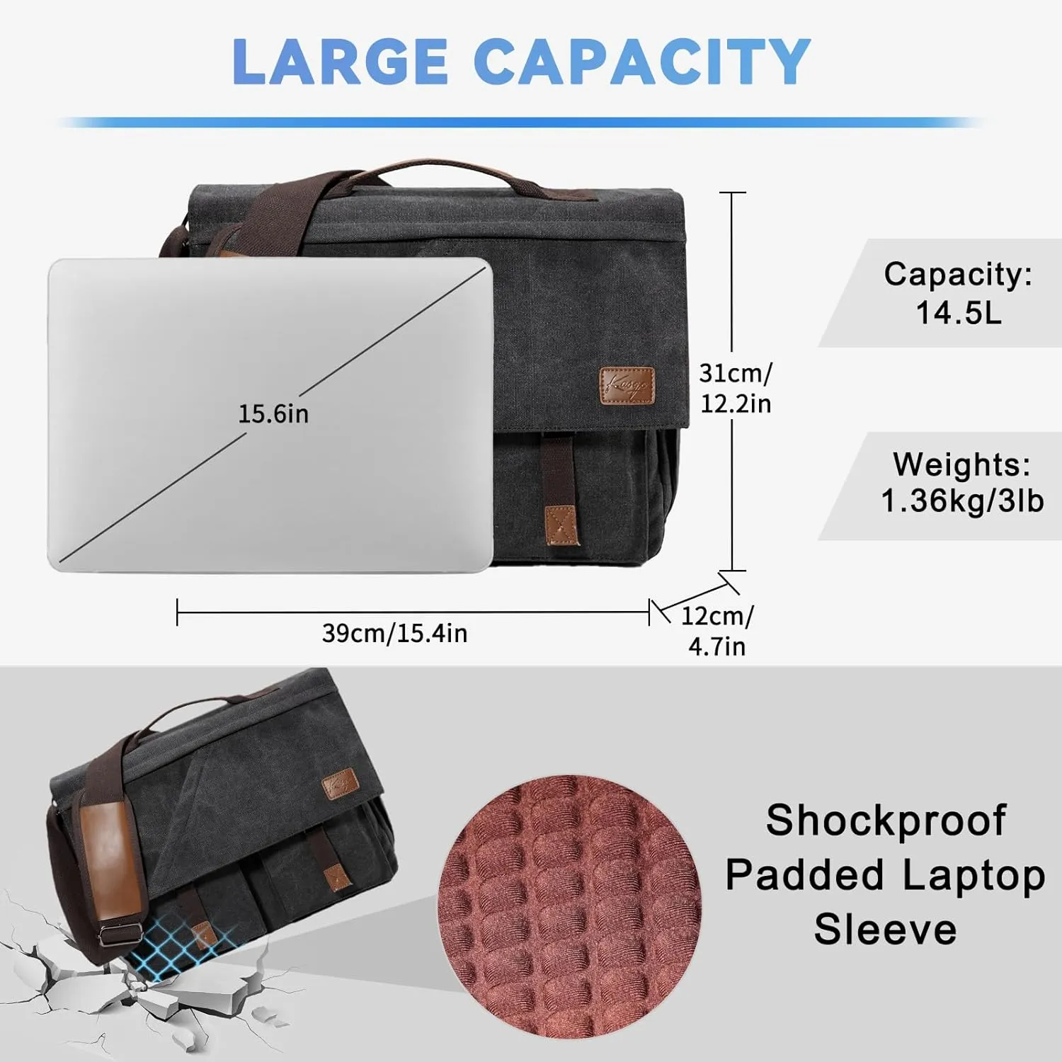 Kasqo Messenger Bag for Men, 14" 15.6" 17" Water Resistant Canvas Laptop Satchel Bag for School College Work