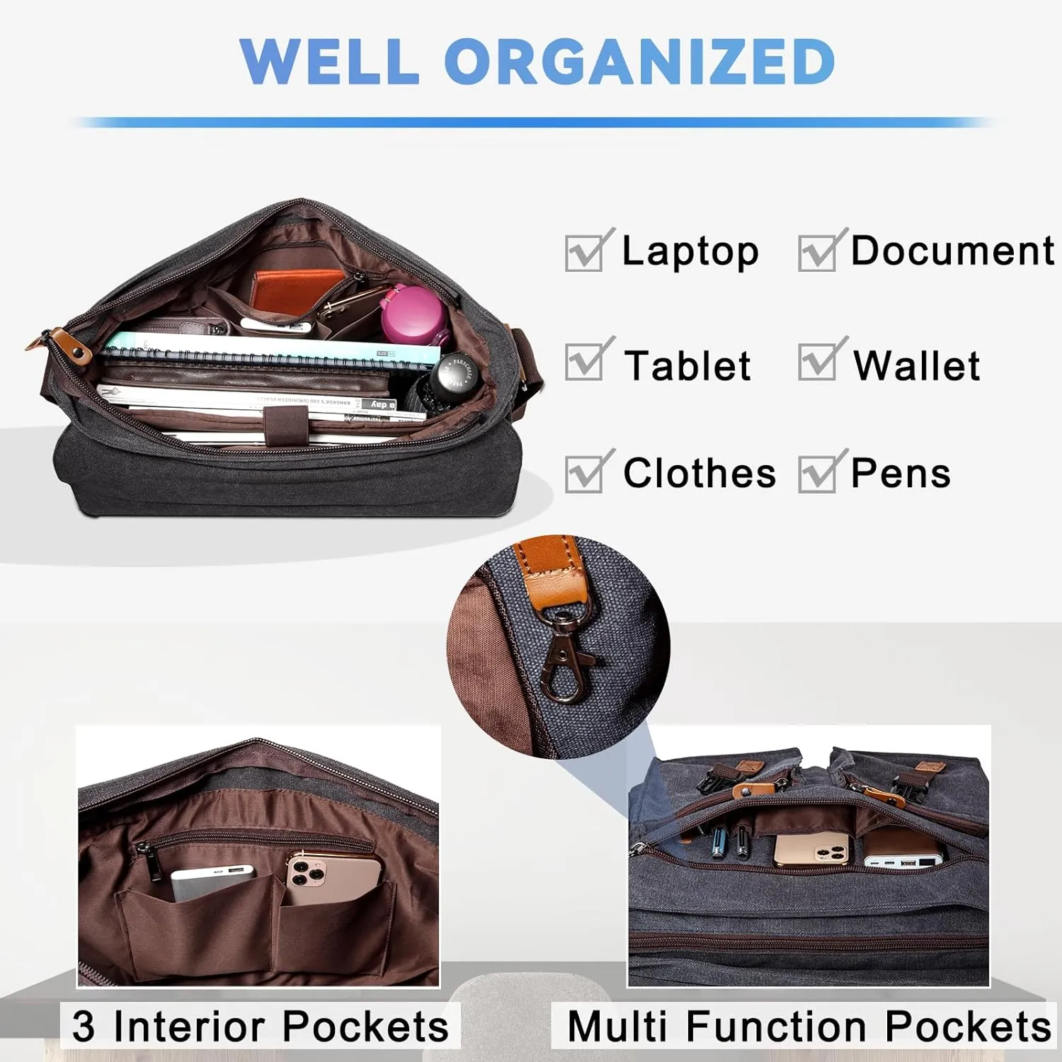 Kasqo Messenger Bag for Men, 14" 15.6" 17" Water Resistant Canvas Laptop Satchel Bag for School College Work