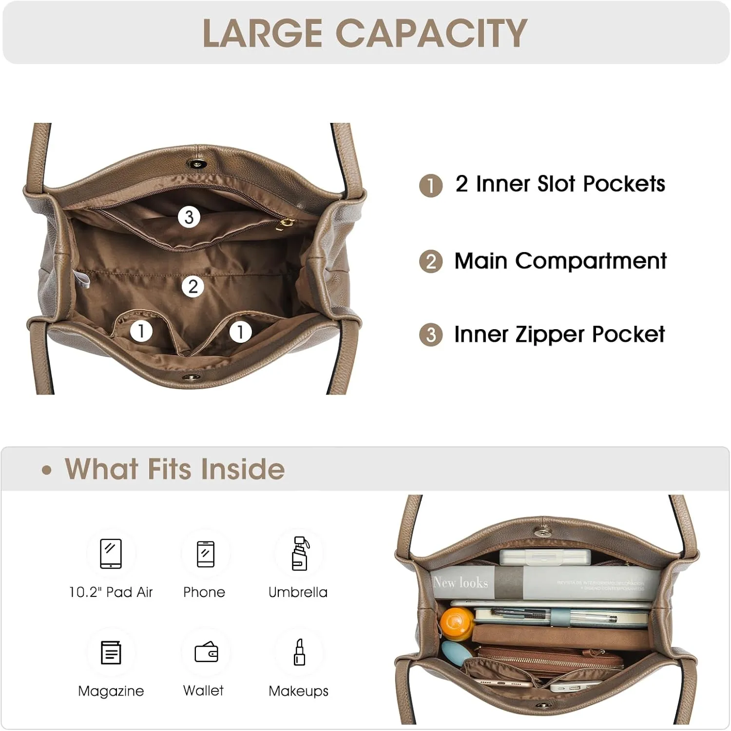 Kattee Leather Tote Bags for Women, Casual Shoulder Hobo Purses and Handbags, Top Magnetic Snap Closure