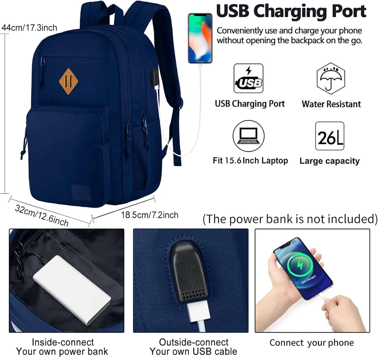 KEOFID Classic Navy Anti-Theft Laptop Backpack for Men and Women, 17.3in x 12.6in x 7.2in, 15.6in Laptop Compartment, USB Charging Port
