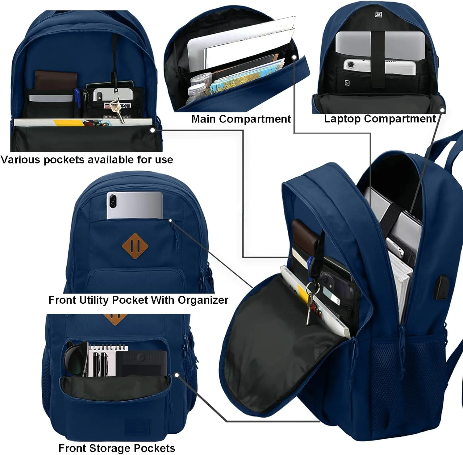 KEOFID Classic Navy Anti-Theft Laptop Backpack for Men and Women, 17.3in x 12.6in x 7.2in, 15.6in Laptop Compartment, USB Charging Port