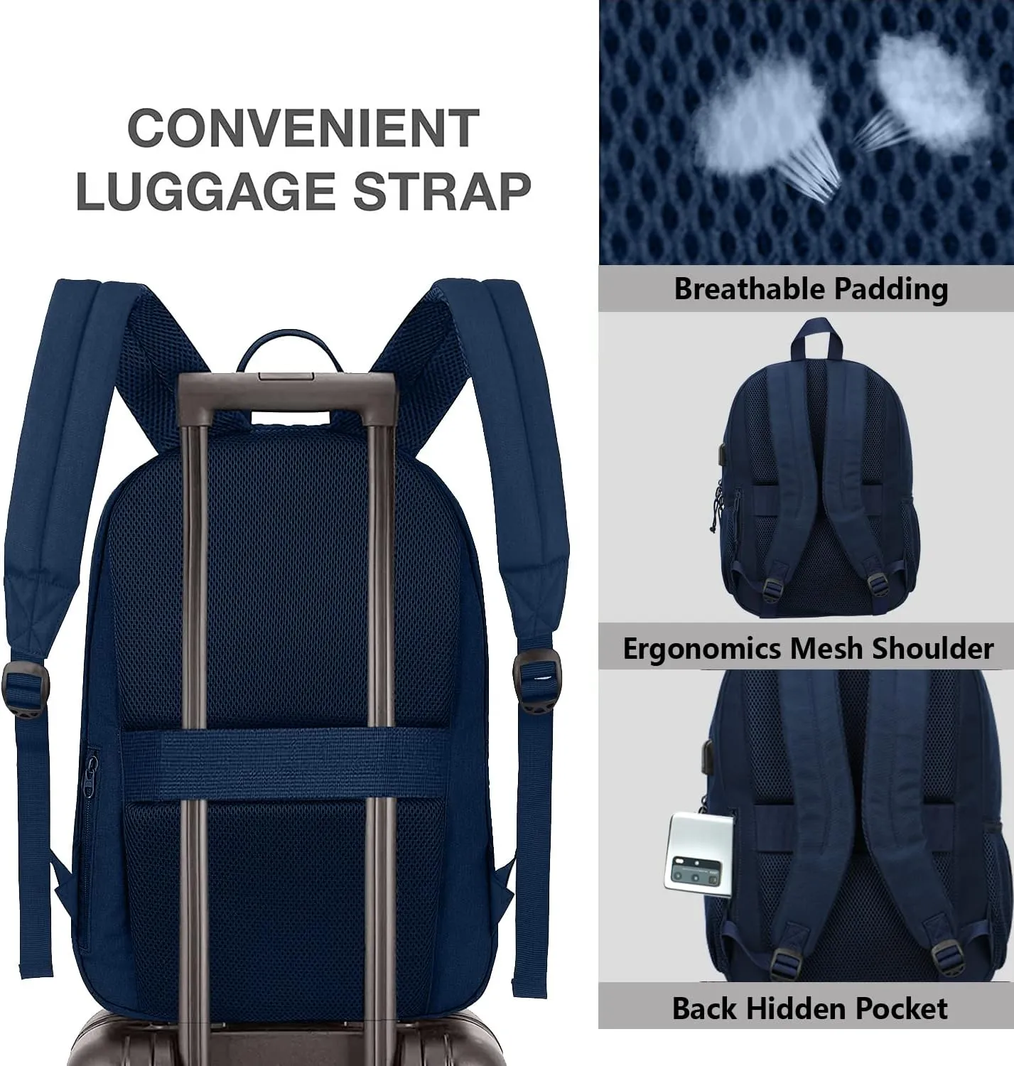 KEOFID Classic Navy Anti-Theft Laptop Backpack for Men and Women, 17.3in x 12.6in x 7.2in, 15.6in Laptop Compartment, USB Charging Port