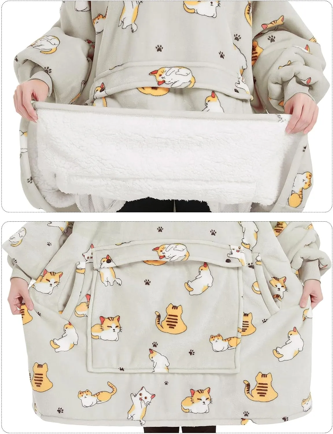 KFUBUO Wearable Blanket Hoodie for Adults Sherpa All Patterns Cat Oversized Sweatshirt Blanket with Pockets for Women
