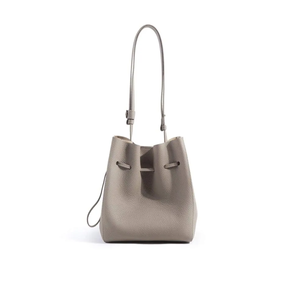 Khaki Top Grain Cow Leather Portable Drawstring Bucket Bag