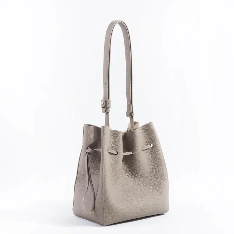 Khaki Top Grain Cow Leather Portable Drawstring Bucket Bag