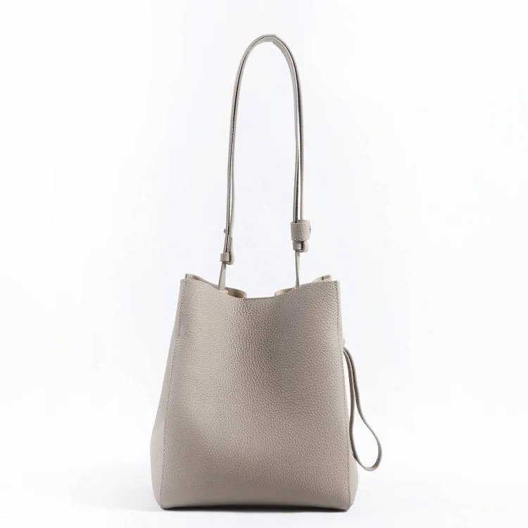 Khaki Top Grain Cow Leather Portable Drawstring Bucket Bag