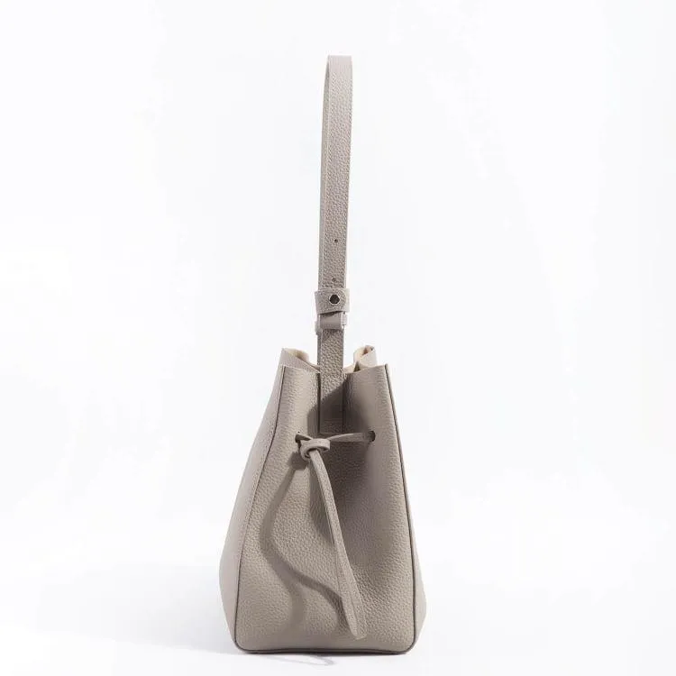 Khaki Top Grain Cow Leather Portable Drawstring Bucket Bag