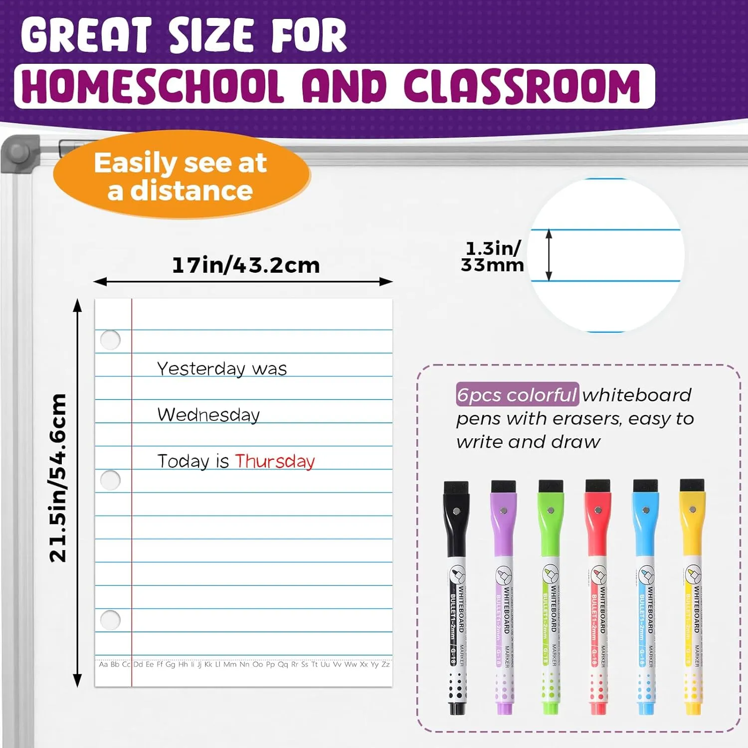 KIKIGOAL 21.5"x17" Magnetic Notebook Paper, Handwriting Lined for Classroom Whiteboard Accessories, Dry Erase Notebook Teaching Aids Homeschool Teaching Supplies