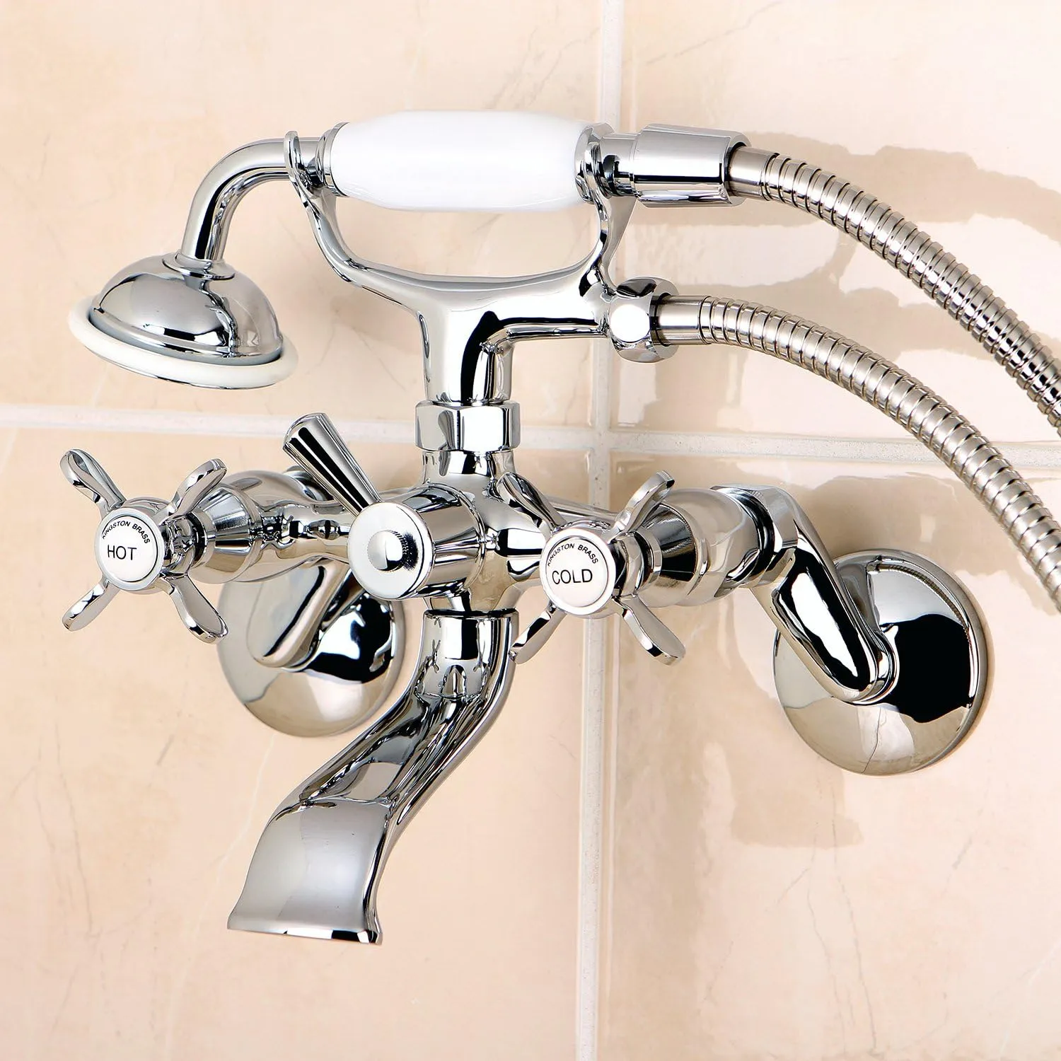 Kingston Brass KS286C ESSEX 3" to 9" Adjustable Centers Wall Mount Clawfoot Tub Filler with Hand Shower, Polished Chrome