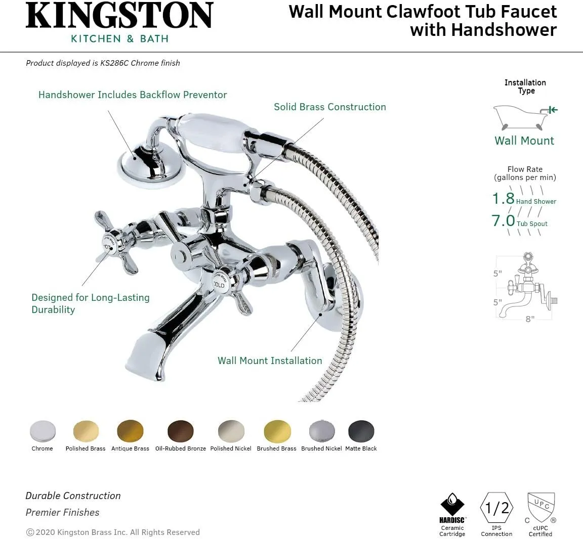 Kingston Brass KS286C ESSEX 3" to 9" Adjustable Centers Wall Mount Clawfoot Tub Filler with Hand Shower, Polished Chrome