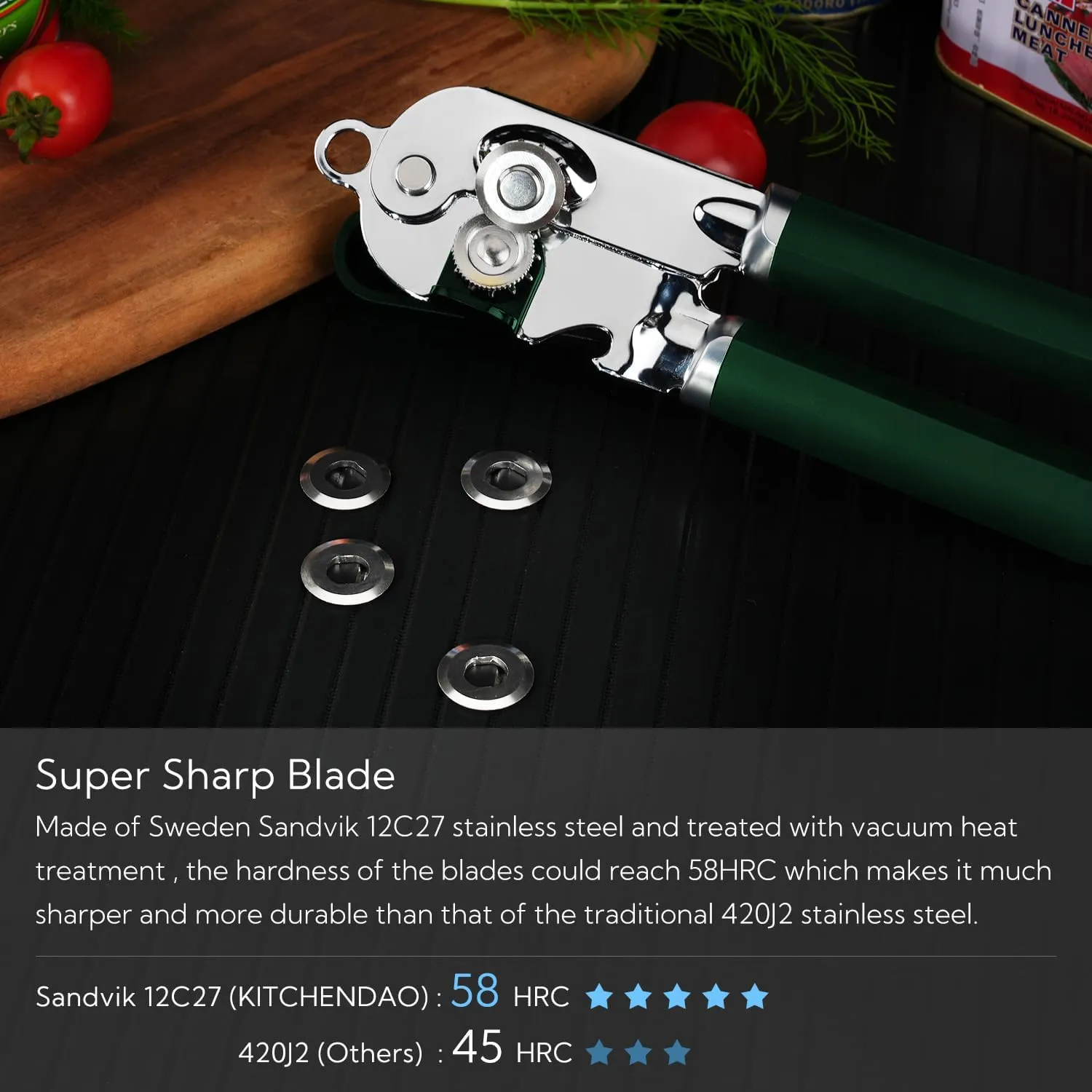 KITCHENDAO Manual Can Opener, Super Sharp Sandvik 12C27 Blade, Handheld Can Opener with Magnet, Smooth Edge Cut, Soft Grip, Oversized Knob for Seniors & Arthritis, Easy to Use, Green