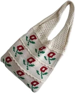 Knitting Flower Women Handbag Bag Decoration Purses Woolen Cloth Tote For Ladies Top-handle Shoulder Bag
