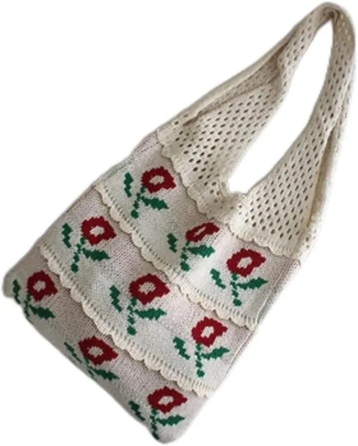 Knitting Flower Women Handbag Bag Decoration Purses Woolen Cloth Tote For Ladies Top-handle Shoulder Bag