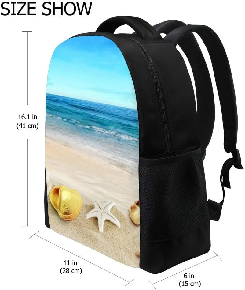 Kuizee Classic Backpack Schoolbag Adjustable Padded Shoulder Straps Daypack ﻿Beach Snail Blue Sea Starfish Shell Summer Casual Bags Durable College Daily 16Inch
