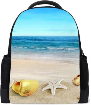 Kuizee Classic Backpack Schoolbag Adjustable Padded Shoulder Straps Daypack ﻿Beach Snail Blue Sea Starfish Shell Summer Casual Bags Durable College Daily 16Inch