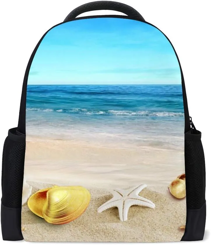 Kuizee Classic Backpack Schoolbag Adjustable Padded Shoulder Straps Daypack ﻿Beach Snail Blue Sea Starfish Shell Summer Casual Bags Durable College Daily 16Inch