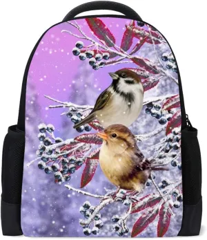 Kuizee Classic Backpack Schoolbag Adjustable Padded Shoulder Straps Daypack Sparrow Bird Purple Icy Branch Casual Bags Durable College Daily 16Inch